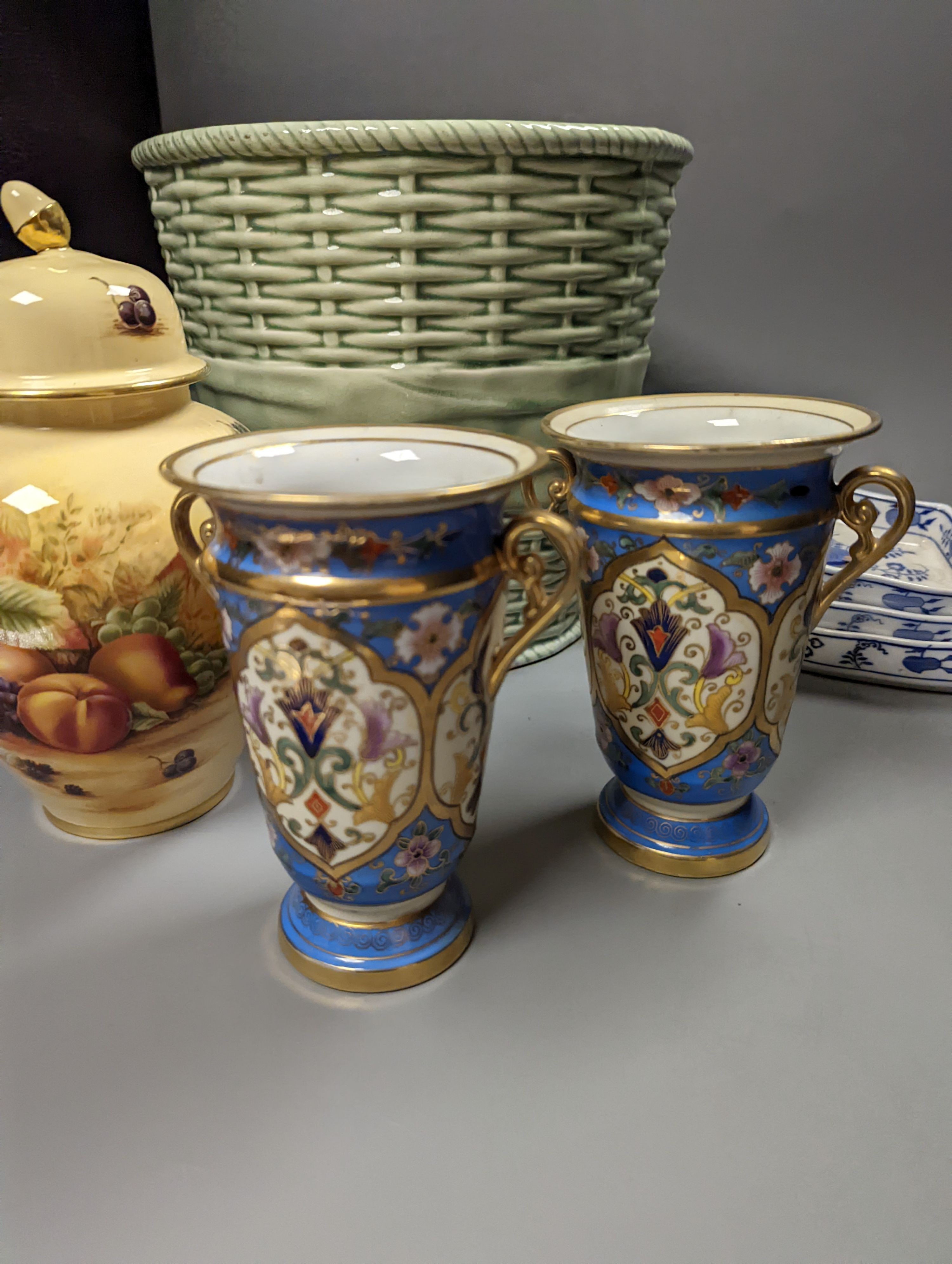 A collection of mixed porcelain including A pair of Bloor Derby scent bottles and stoppers, a Samson style bowl, 31cm, a Wedgwood teapot, Noritake vases etc